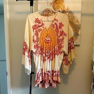 Free People Red and Yellow Embroidered Blouse